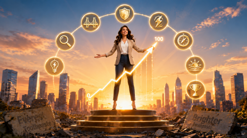 "7 reasons why mastering the marketing environment can double your sales - a confident professional stands with seven golden icons representing trend spotting, customer connection, adaptation, opportunity seeking, direction, growth, and success"